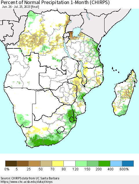 Southern Africa Percent of Normal Precipitation 1-Month (CHIRPS) Thematic Map For 6/26/2023 - 7/25/2023