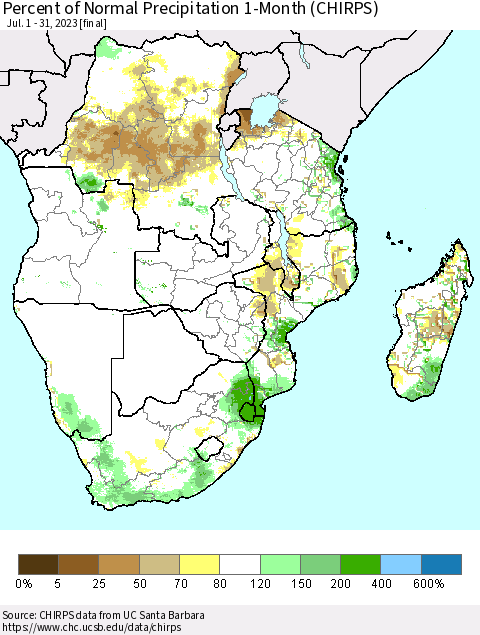 Southern Africa Percent of Normal Precipitation 1-Month (CHIRPS) Thematic Map For 7/1/2023 - 7/31/2023