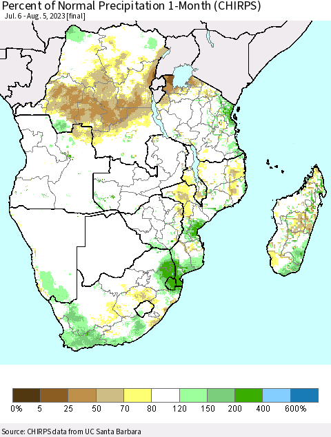 Southern Africa Percent of Normal Precipitation 1-Month (CHIRPS) Thematic Map For 7/6/2023 - 8/5/2023