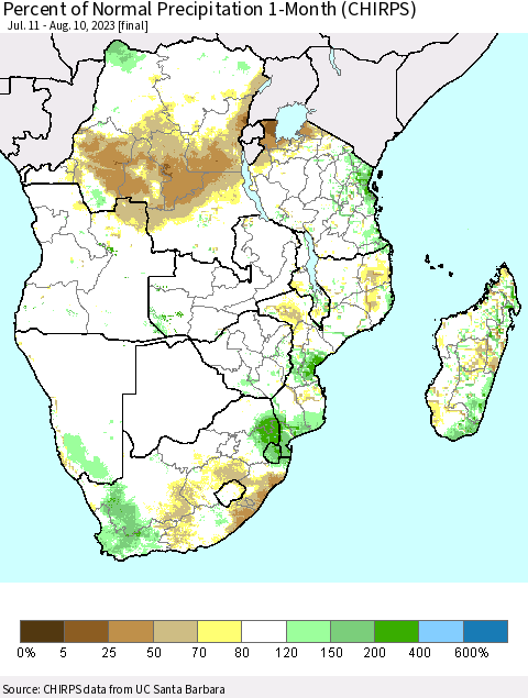 Southern Africa Percent of Normal Precipitation 1-Month (CHIRPS) Thematic Map For 7/11/2023 - 8/10/2023