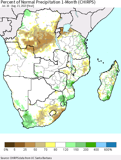 Southern Africa Percent of Normal Precipitation 1-Month (CHIRPS) Thematic Map For 7/16/2023 - 8/15/2023