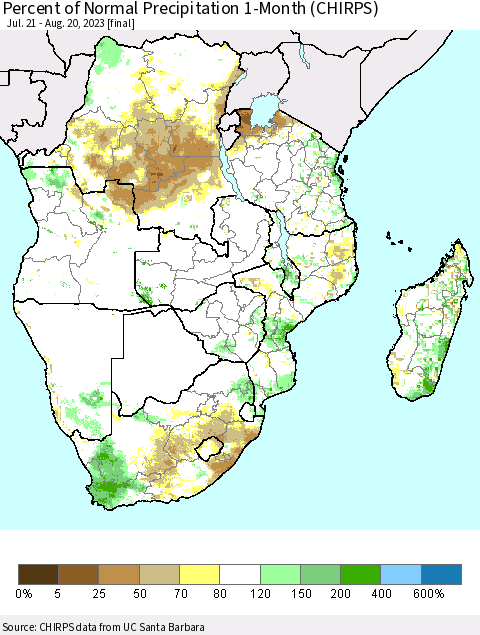 Southern Africa Percent of Normal Precipitation 1-Month (CHIRPS) Thematic Map For 7/21/2023 - 8/20/2023
