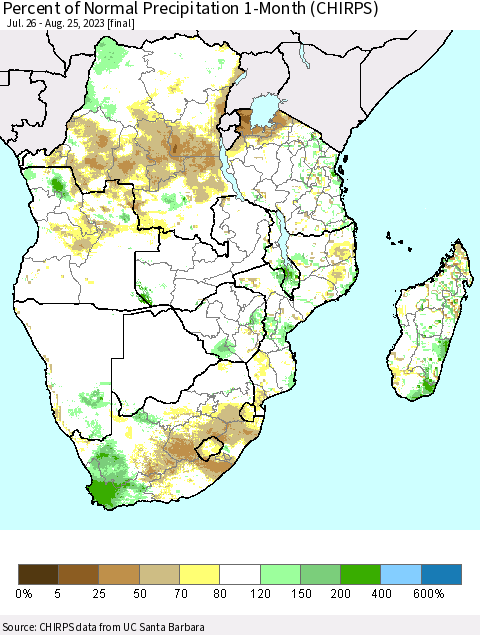 Southern Africa Percent of Normal Precipitation 1-Month (CHIRPS) Thematic Map For 7/26/2023 - 8/25/2023