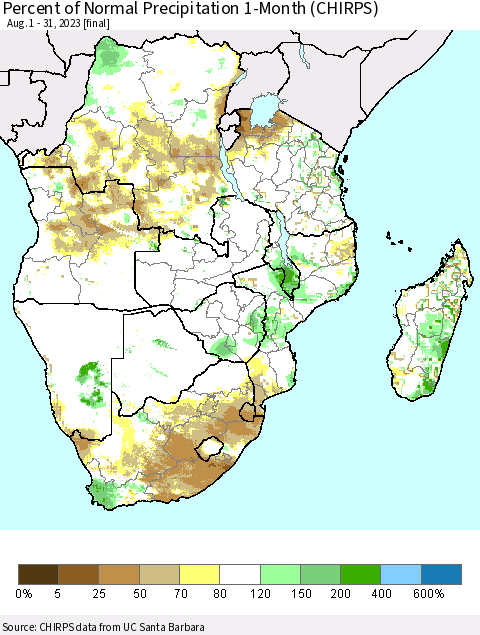 Southern Africa Percent of Normal Precipitation 1-Month (CHIRPS) Thematic Map For 8/1/2023 - 8/31/2023