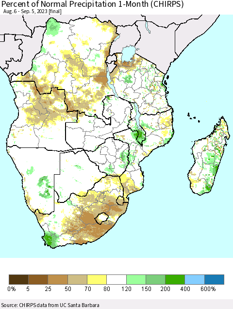 Southern Africa Percent of Normal Precipitation 1-Month (CHIRPS) Thematic Map For 8/6/2023 - 9/5/2023