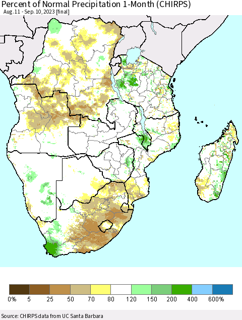 Southern Africa Percent of Normal Precipitation 1-Month (CHIRPS) Thematic Map For 8/11/2023 - 9/10/2023