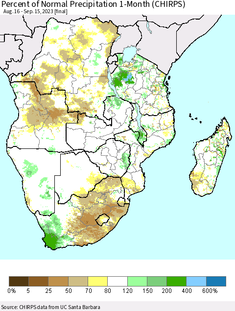 Southern Africa Percent of Normal Precipitation 1-Month (CHIRPS) Thematic Map For 8/16/2023 - 9/15/2023