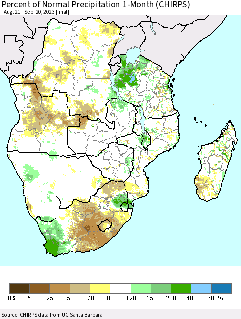 Southern Africa Percent of Normal Precipitation 1-Month (CHIRPS) Thematic Map For 8/21/2023 - 9/20/2023