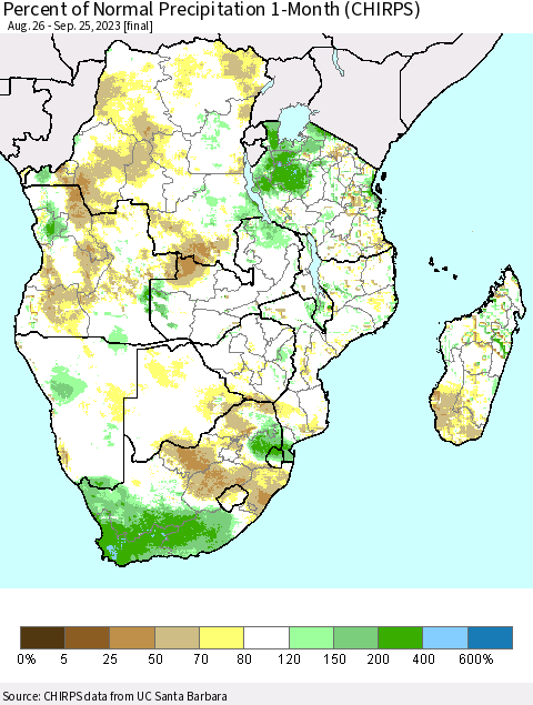 Southern Africa Percent of Normal Precipitation 1-Month (CHIRPS) Thematic Map For 8/26/2023 - 9/25/2023