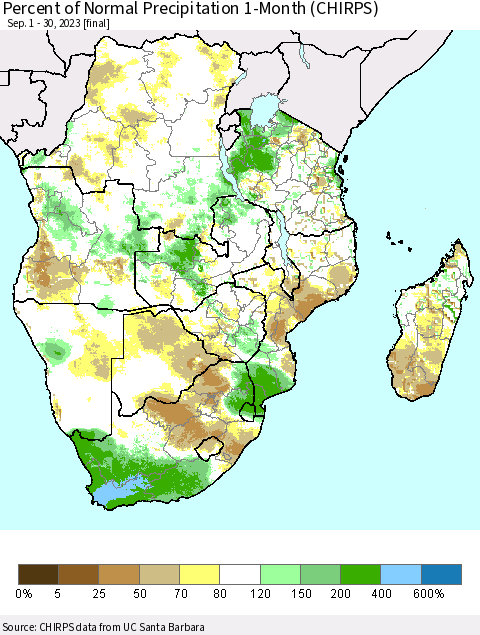 Southern Africa Percent of Normal Precipitation 1-Month (CHIRPS) Thematic Map For 9/1/2023 - 9/30/2023