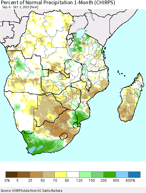 Southern Africa Percent of Normal Precipitation 1-Month (CHIRPS) Thematic Map For 9/6/2023 - 10/5/2023
