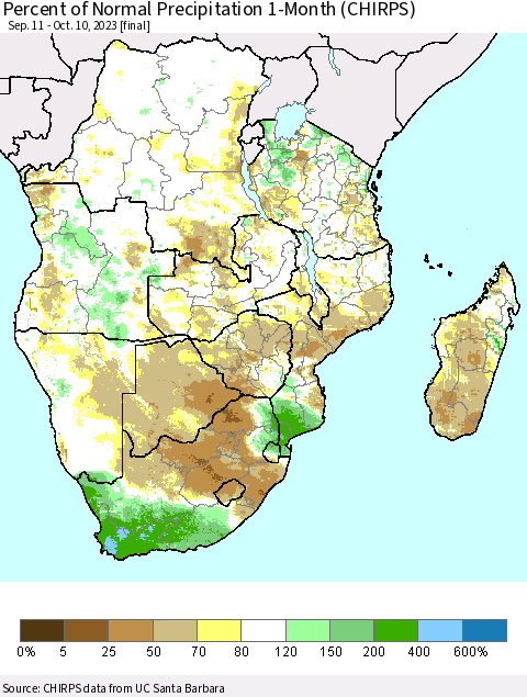 Southern Africa Percent of Normal Precipitation 1-Month (CHIRPS) Thematic Map For 9/11/2023 - 10/10/2023