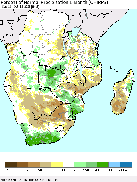 Southern Africa Percent of Normal Precipitation 1-Month (CHIRPS) Thematic Map For 9/16/2023 - 10/15/2023