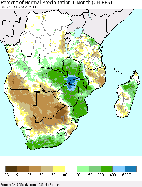Southern Africa Percent of Normal Precipitation 1-Month (CHIRPS) Thematic Map For 9/21/2023 - 10/20/2023