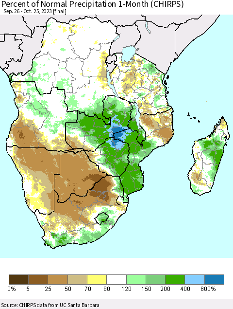Southern Africa Percent of Normal Precipitation 1-Month (CHIRPS) Thematic Map For 9/26/2023 - 10/25/2023