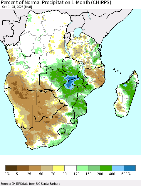 Southern Africa Percent of Normal Precipitation 1-Month (CHIRPS) Thematic Map For 10/1/2023 - 10/31/2023