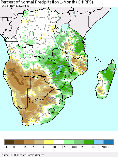 Southern Africa Percent of Normal Precipitation 1-Month (CHIRPS) Thematic Map For 10/6/2023 - 11/5/2023