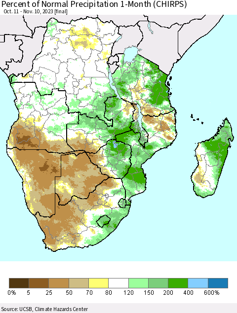 Southern Africa Percent of Normal Precipitation 1-Month (CHIRPS) Thematic Map For 10/11/2023 - 11/10/2023
