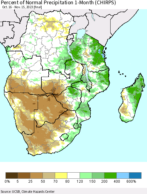 Southern Africa Percent of Normal Precipitation 1-Month (CHIRPS) Thematic Map For 10/16/2023 - 11/15/2023