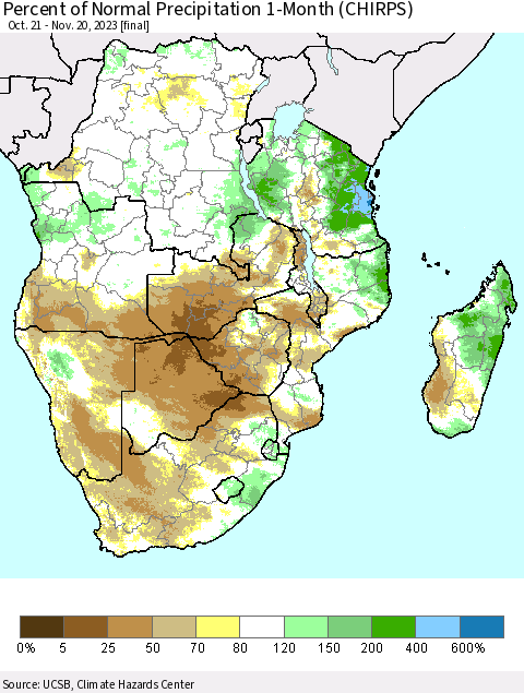 Southern Africa Percent of Normal Precipitation 1-Month (CHIRPS) Thematic Map For 10/21/2023 - 11/20/2023