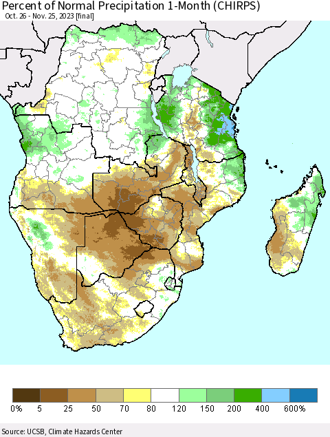 Southern Africa Percent of Normal Precipitation 1-Month (CHIRPS) Thematic Map For 10/26/2023 - 11/25/2023