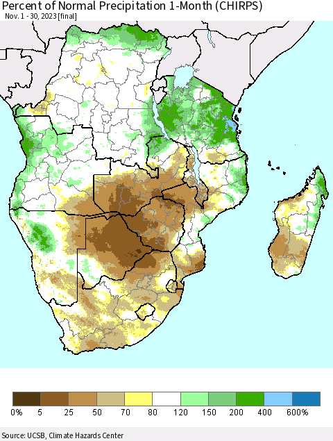 Southern Africa Percent of Normal Precipitation 1-Month (CHIRPS) Thematic Map For 11/1/2023 - 11/30/2023