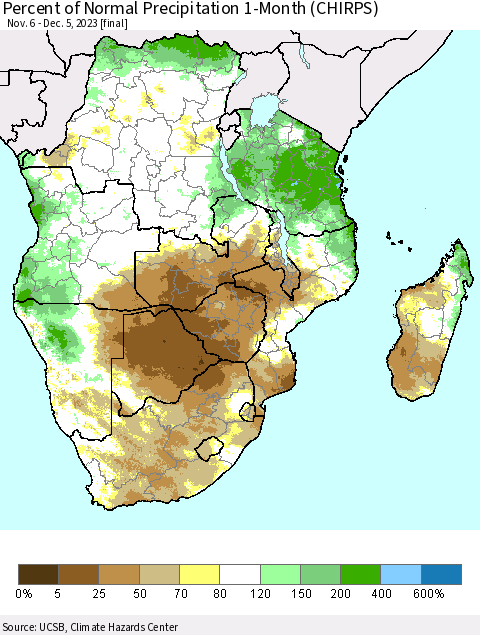 Southern Africa Percent of Normal Precipitation 1-Month (CHIRPS) Thematic Map For 11/6/2023 - 12/5/2023