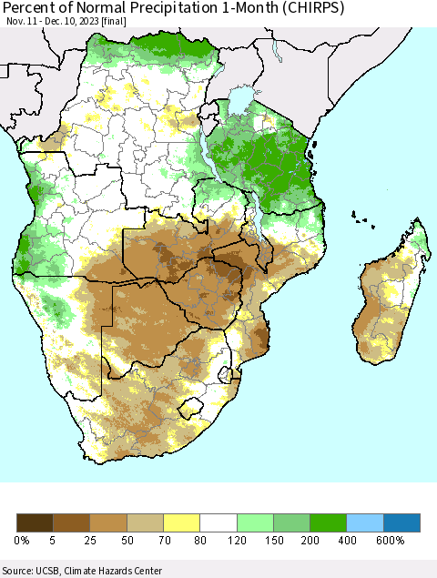 Southern Africa Percent of Normal Precipitation 1-Month (CHIRPS) Thematic Map For 11/11/2023 - 12/10/2023