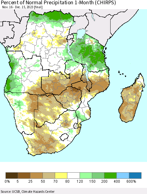 Southern Africa Percent of Normal Precipitation 1-Month (CHIRPS) Thematic Map For 11/16/2023 - 12/15/2023