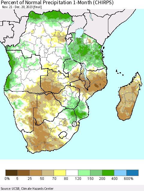 Southern Africa Percent of Normal Precipitation 1-Month (CHIRPS) Thematic Map For 11/21/2023 - 12/20/2023