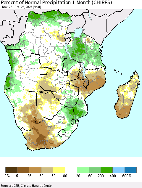 Southern Africa Percent of Normal Precipitation 1-Month (CHIRPS) Thematic Map For 11/26/2023 - 12/25/2023