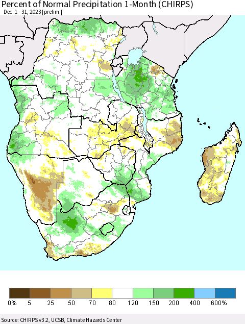 Southern Africa Percent of Normal Precipitation 1-Month (CHIRPS) Thematic Map For 12/1/2023 - 12/31/2023