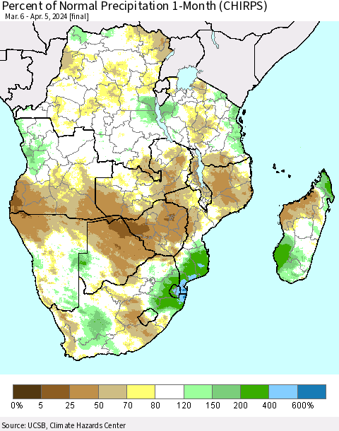 Southern Africa Percent of Normal Precipitation 1-Month (CHIRPS) Thematic Map For 3/6/2024 - 4/5/2024