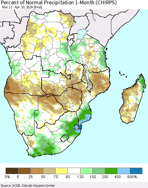 Southern Africa Percent of Normal Precipitation 1-Month (CHIRPS) Thematic Map For 3/11/2024 - 4/10/2024
