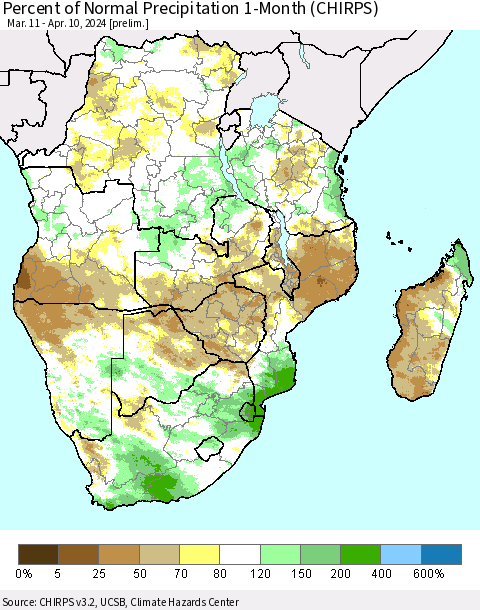 Southern Africa Percent of Normal Precipitation 1-Month (CHIRPS) Thematic Map For 3/11/2024 - 4/10/2024