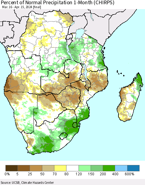 Southern Africa Percent of Normal Precipitation 1-Month (CHIRPS) Thematic Map For 3/16/2024 - 4/15/2024