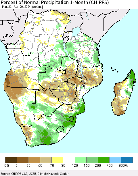 Southern Africa Percent of Normal Precipitation 1-Month (CHIRPS) Thematic Map For 3/21/2024 - 4/20/2024