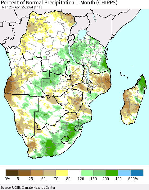 Southern Africa Percent of Normal Precipitation 1-Month (CHIRPS) Thematic Map For 3/26/2024 - 4/25/2024