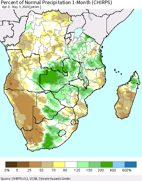 Southern Africa Percent of Normal Precipitation 1-Month (CHIRPS) Thematic Map For 4/6/2024 - 5/5/2024