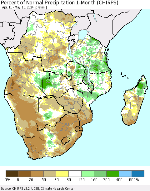 Southern Africa Percent of Normal Precipitation 1-Month (CHIRPS) Thematic Map For 4/11/2024 - 5/10/2024