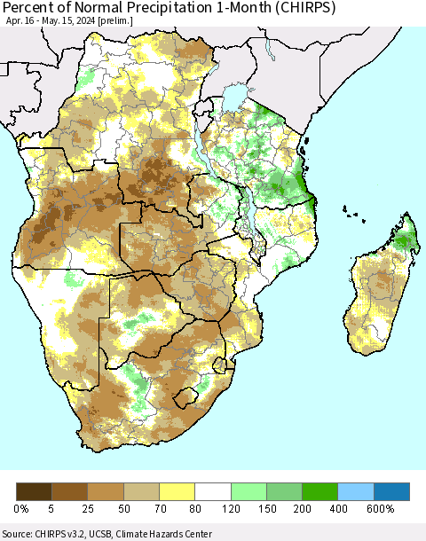 Southern Africa Percent of Normal Precipitation 1-Month (CHIRPS) Thematic Map For 4/16/2024 - 5/15/2024