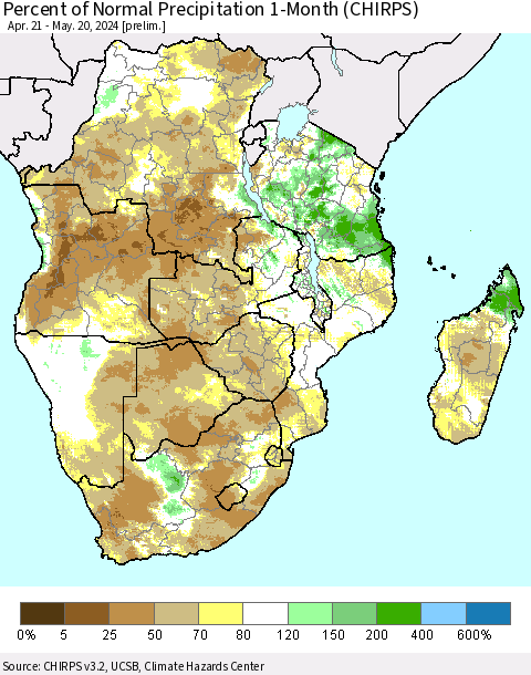 Southern Africa Percent of Normal Precipitation 1-Month (CHIRPS) Thematic Map For 4/21/2024 - 5/20/2024