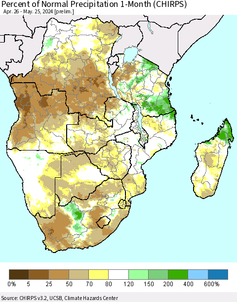 Southern Africa Percent of Normal Precipitation 1-Month (CHIRPS) Thematic Map For 4/26/2024 - 5/25/2024