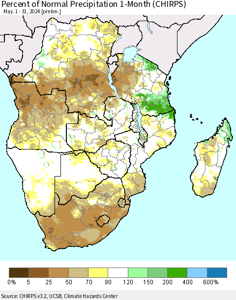 Southern Africa Percent of Normal Precipitation 1-Month (CHIRPS) Thematic Map For 5/1/2024 - 5/31/2024