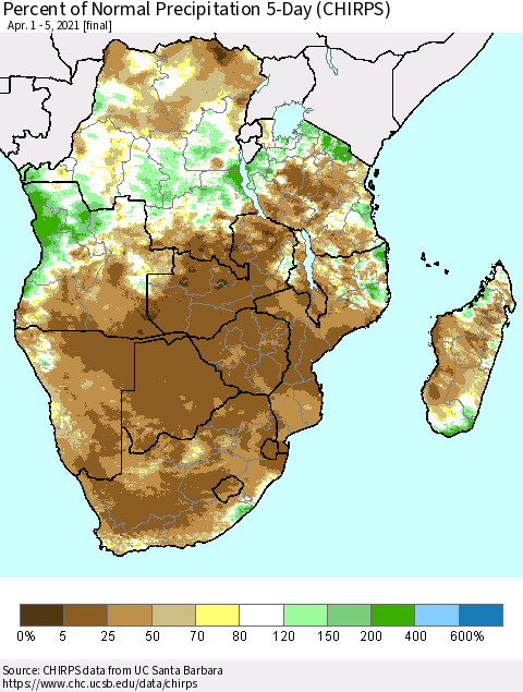 Southern Africa Percent of Normal Precipitation 5-Day (CHIRPS) Thematic Map For 4/1/2021 - 4/5/2021