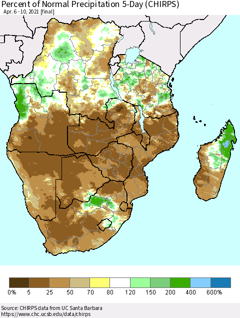 Southern Africa Percent of Normal Precipitation 5-Day (CHIRPS) Thematic Map For 4/6/2021 - 4/10/2021