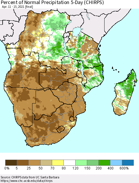 Southern Africa Percent of Normal Precipitation 5-Day (CHIRPS) Thematic Map For 4/11/2021 - 4/15/2021