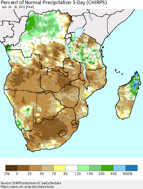 Southern Africa Percent of Normal Precipitation 5-Day (CHIRPS) Thematic Map For 4/16/2021 - 4/20/2021