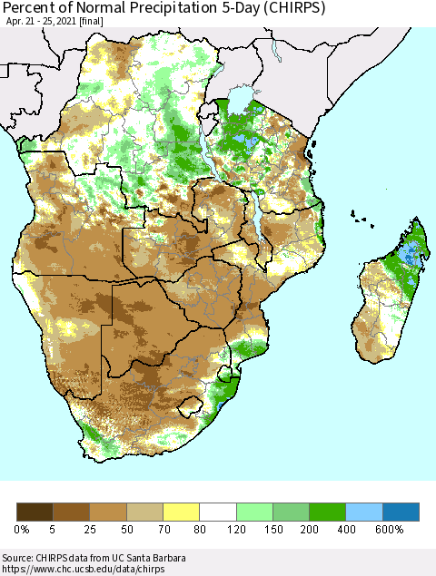 Southern Africa Percent of Normal Precipitation 5-Day (CHIRPS) Thematic Map For 4/21/2021 - 4/25/2021