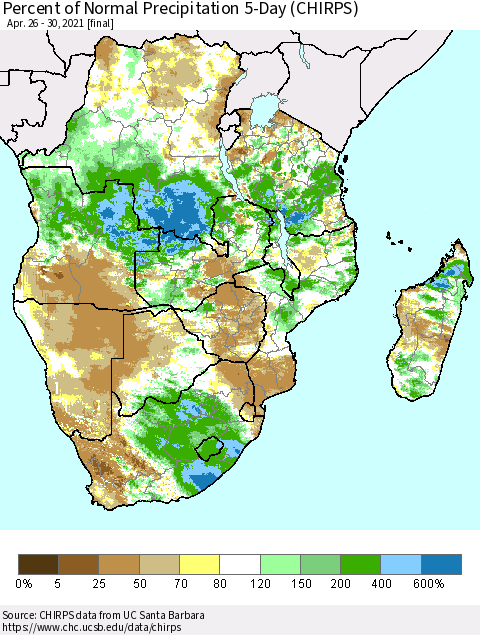 Southern Africa Percent of Normal Precipitation 5-Day (CHIRPS) Thematic Map For 4/26/2021 - 4/30/2021